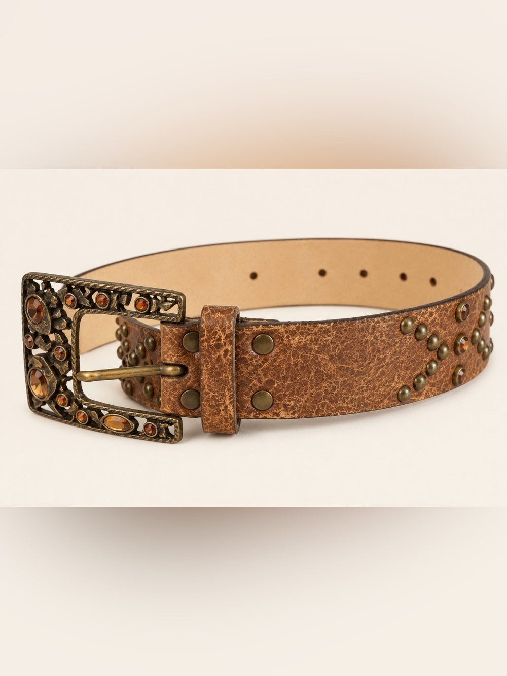 Leather Rock Brown Studded Belt Distressed Filigree Buckle Sz 32